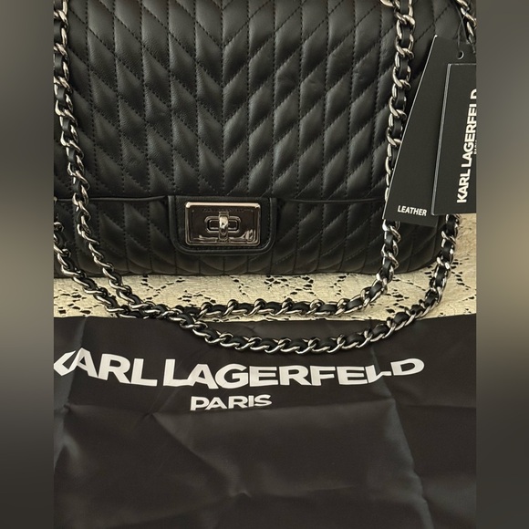 Karl Lagerfeld Black Quilted Lamb Leather Shoulder Bag - Picture 13 of 16